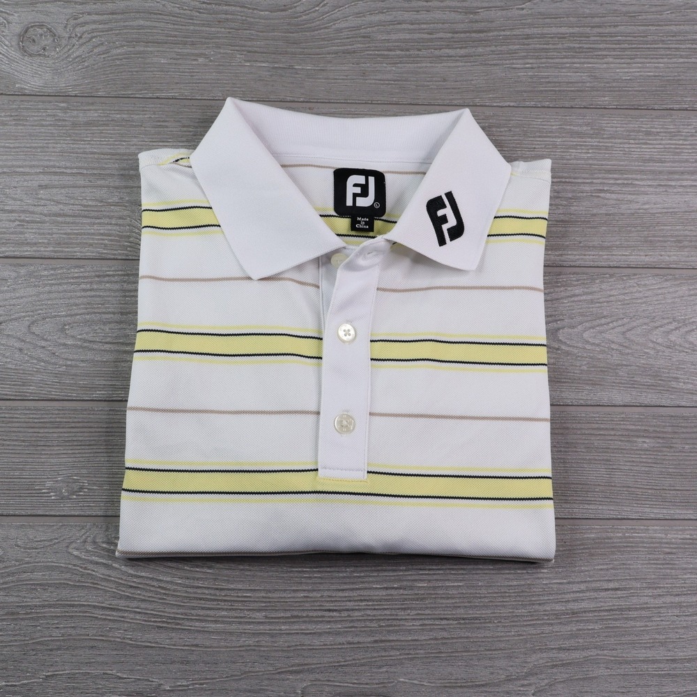 FootJoy FJ Golf Polo Shirt Men's L White Yellow Tan Stripe Stretch